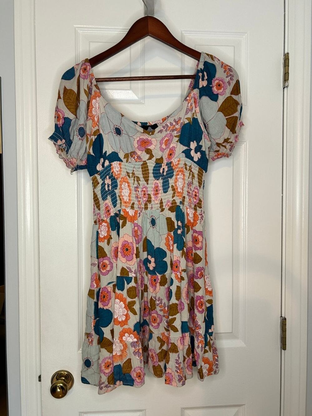 Angie Women M Floral Smocked Waist Puff Sleeve Rayon Mini Dress Boho Cottagecore